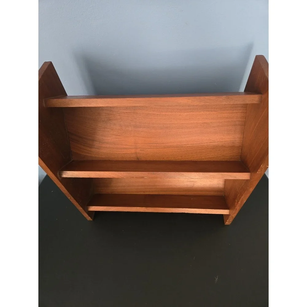 Vintage Solid Walnut 2 Shelf Bookshelf Angled Stand Rack 17